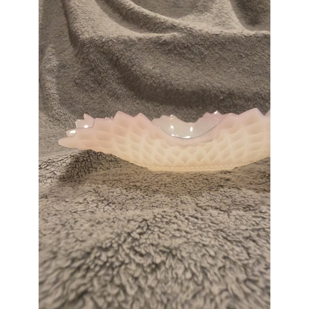 Vtg White Milk Glass Ruffled Bowl with Pink Edge Square Dresser Tray Dish